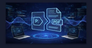 Digital illustration of PPT to PDF conversion using AI, with glowing file icons and laptops exchanging data