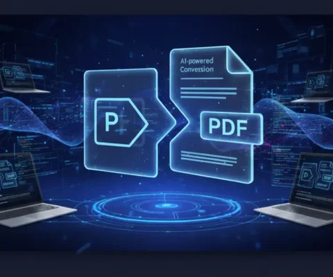 Digital Illustration Of Ppt To Pdf Conversion Using Ai, With Glowing File Icons And Laptops Exchanging Data