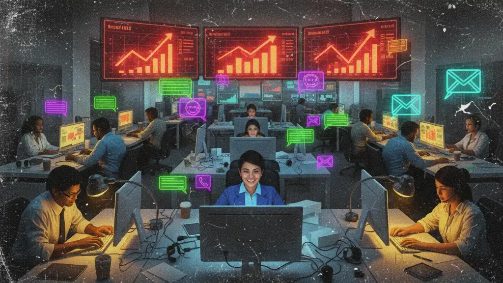 Futuristic customer support team in high-tech operations room with holographic communication icons