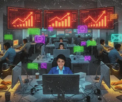 Futuristic Customer Support Team In High-Tech Operations Room With Holographic Communication Icons