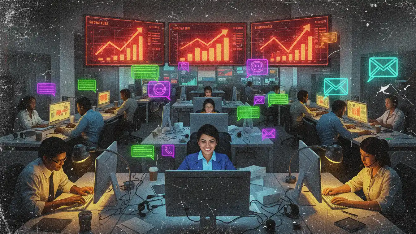 Futuristic customer support team in high-tech operations room with holographic communication icons