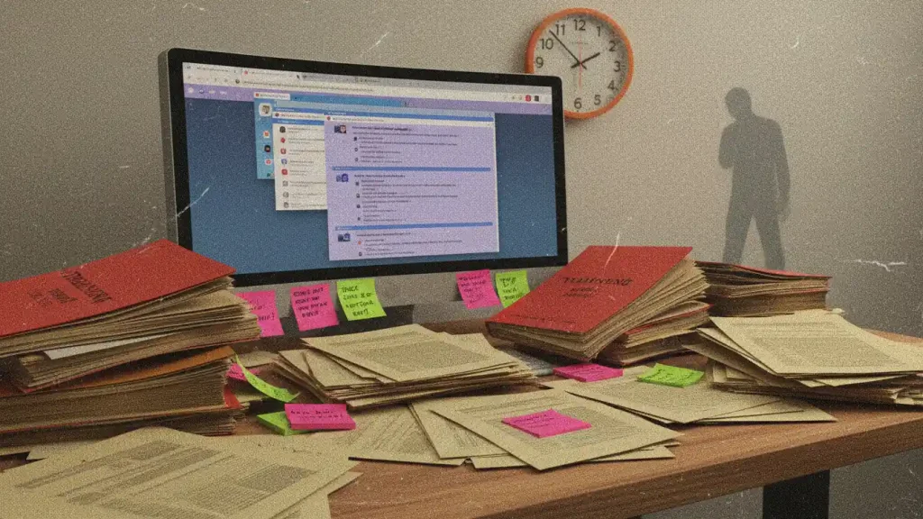 Scale Customer Support : Overloaded research desk with book stacks, sticky notes, computer screen full of chats, and ghostly figure in background.
