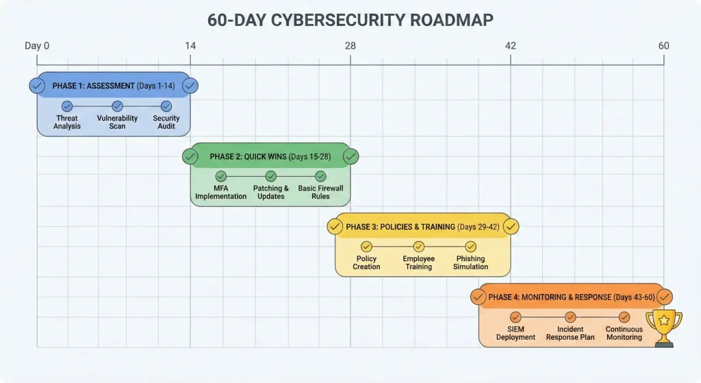 60-day cybersecurity implementation roadmap showing four phases from initial assessment to full monitoring and response capabilities