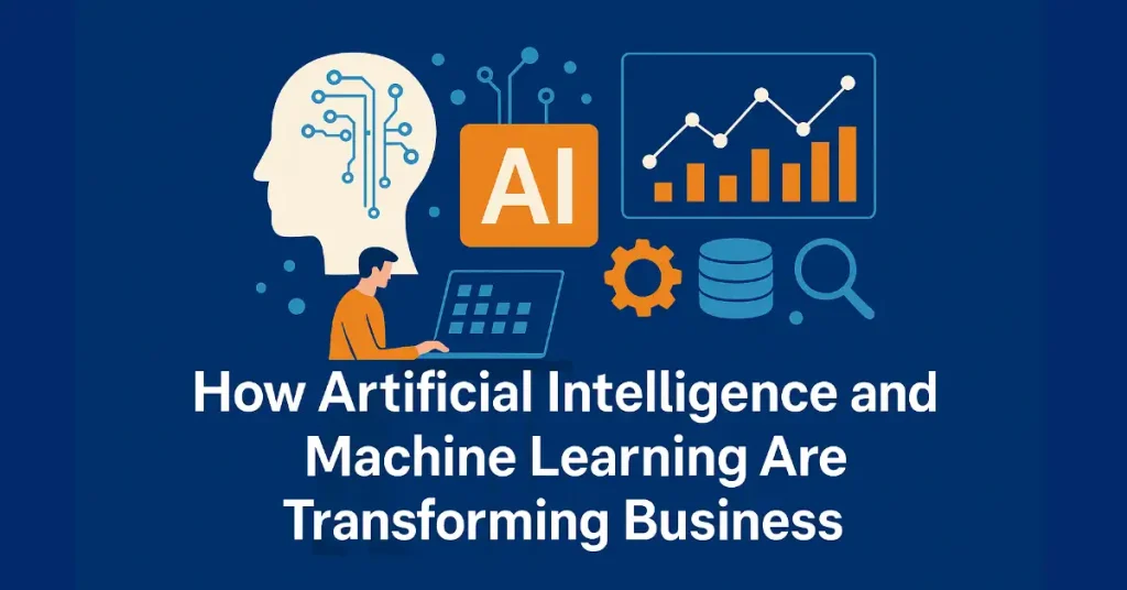 Illustration of AI and machine learning transforming business with neural network head, data charts, laptop user, and tech icons on blue background