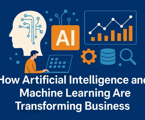Illustration Of Ai And Machine Learning Transforming Business With Neural Network Head, Data Charts, Laptop User, And Tech Icons On Blue Background
