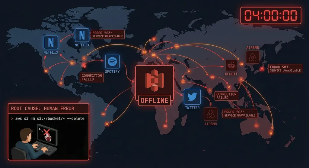 AWS S3 outage impact visualization showing the widespread service disruption caused by human error affecting thousands of websites