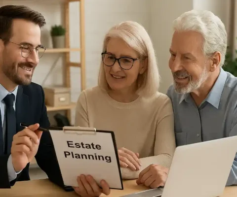 Attorney helping elderly couple with estate planning documents in office