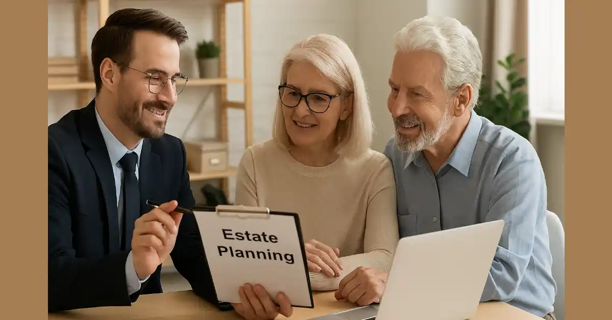Attorney helping elderly couple with estate planning documents in office