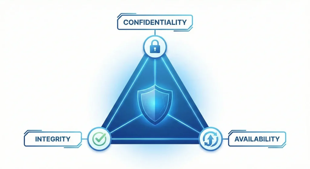 CIA Triad triangle showing three pillars of cybersecurity - confidentiality, integrity, and availability working together