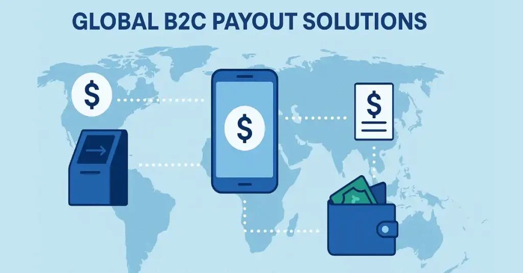 Global B2C payout solutions illustration showing international money transfers, digital wallets, and payment gateways on a world map.