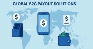 Best B2C Payout Solutions for Global Businesses 1 Global B2C payout solutions illustration showing international money transfers, digital wallets, and payment gateways on a world map.