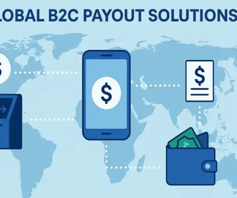 Global B2C Payout Solutions Illustration Showing International Money Transfers, Digital Wallets, And Payment Gateways On A World Map.