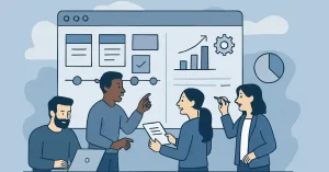 8 Best Web App Development Companies to Build Your Dream Product 2026 6 Illustration of professionals collaborating on a web application development board with planning tools, timelines, and analysis elements.