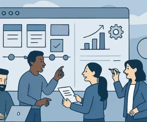 Illustration Of Professionals Collaborating On A Web Application Development Board With Planning Tools, Timelines, And Analysis Elements.