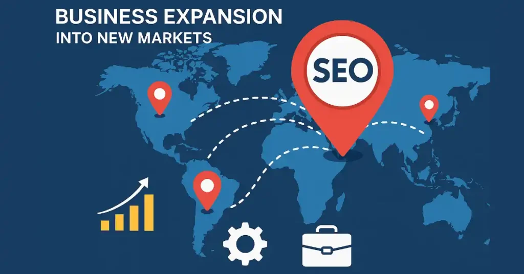 Business expansion into new markets with SEO optimization on global map
