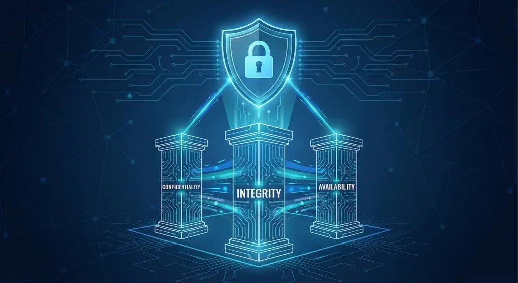 CIA Triad diagram showing three pillars of information security - Confidentiality, Integrity, and Availability supporting a digital security shield"