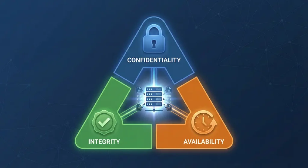 CIA Triad triangle infographic illustrating the three core principles of information security with representative icons for each component