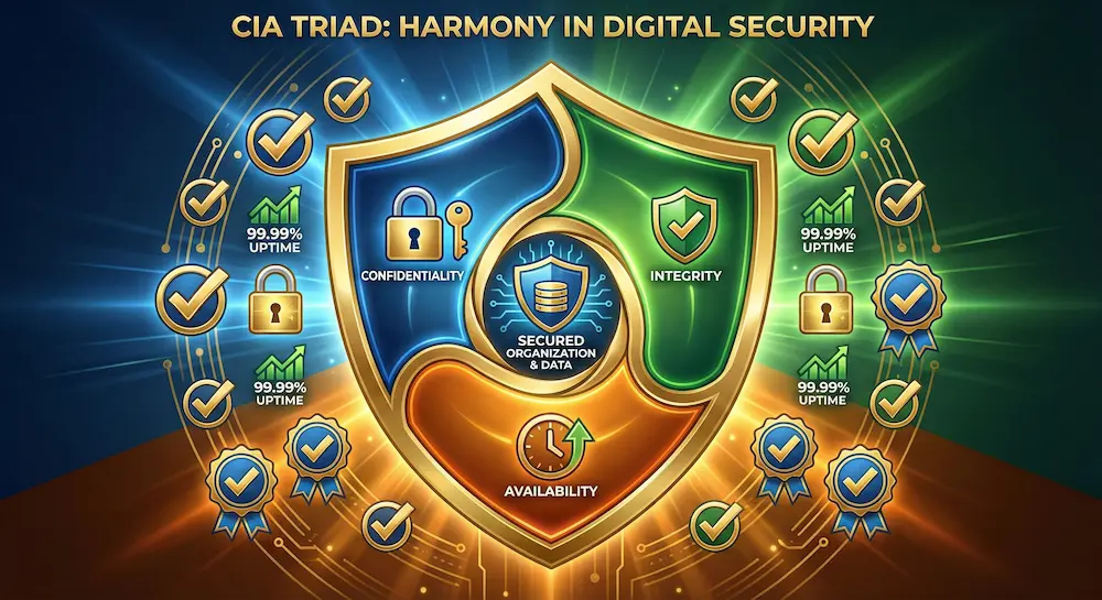 Complete CIA Triad framework summary showing integrated confidentiality, integrity, and availability protecting organizational assets"