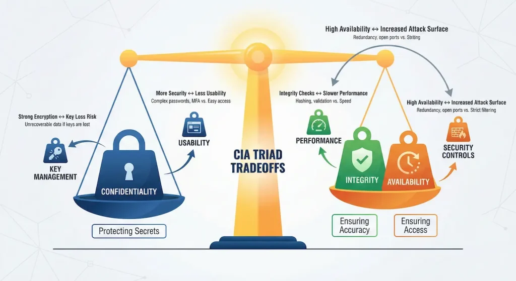 CIA Triad balancing act infographic illustrating tradeoffs and relationships between confidentiality, integrity, and availability