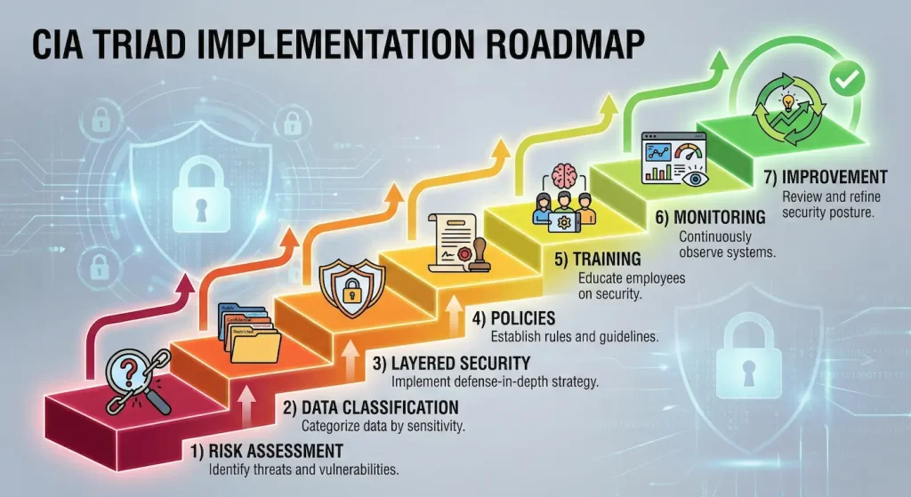 Seven-step CIA Triad implementation roadmap showing the progressive path from risk assessment to continuous security improvement