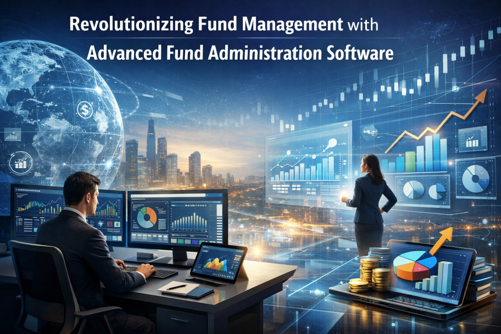Advanced fund administration software dashboard visualizing automated fund management, financial analytics, and real-time investment performance. Fund Administration Software