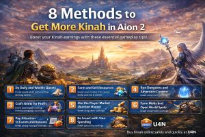 8 Methods to get more Kinah in Aion 2 4 Landscape illustration showing 8 methods to get more Kinah in Aion 2, featuring fantasy characters, gold currency, quests, farming, crafting, and auction house tips.