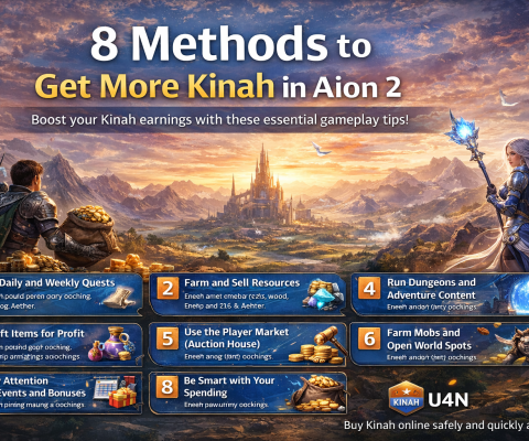 Landscape Illustration Showing 8 Methods To Get More Kinah In Aion 2, Featuring Fantasy Characters, Gold Currency, Quests, Farming, Crafting, And Auction House Tips.