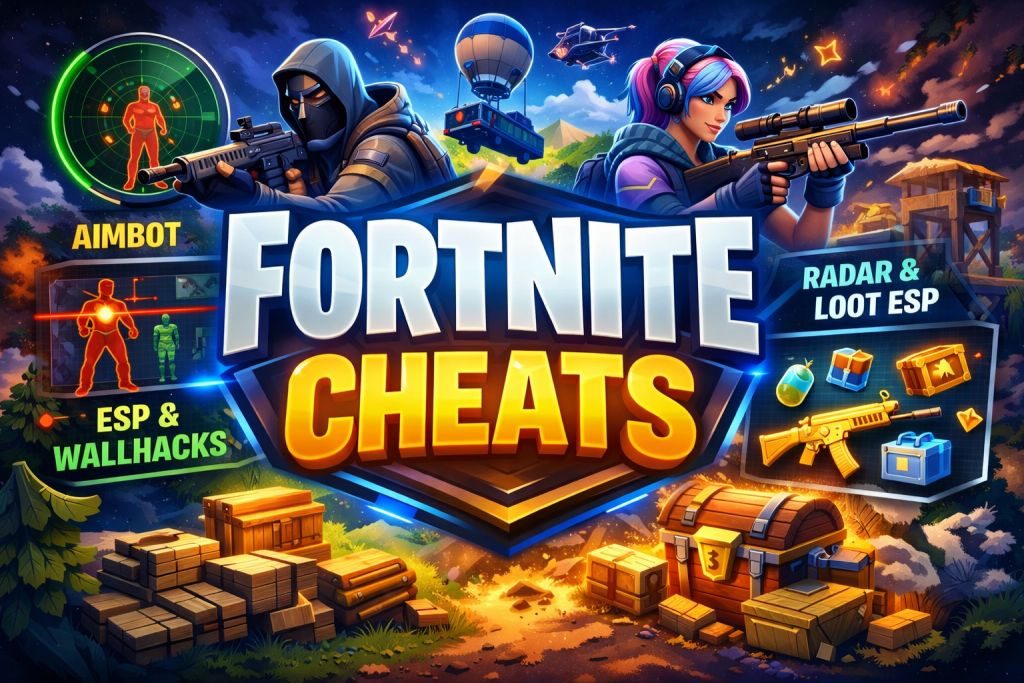 Animated Fortnite cheats illustration showing aimbot, ESP, wallhack, and loot radar features with Fortnite characters in action