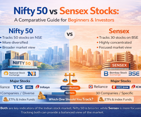 Nifty 50 Vs Sensex Stocks Comparison Showing Differences Between Nse And Bse Indices For Beginners And Investors In The Indian Stock Market.