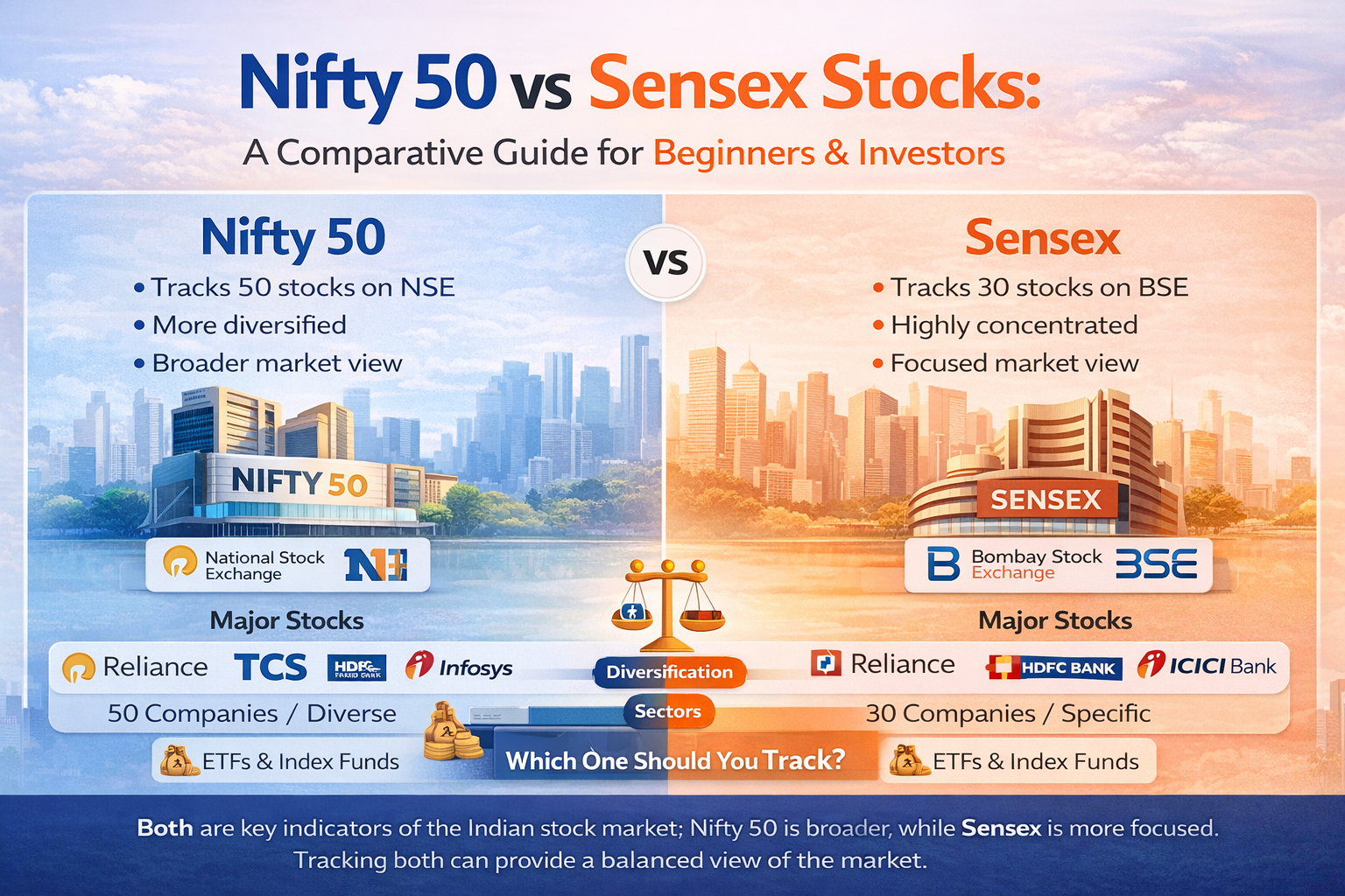 Nifty 50 vs Sensex stocks comparison showing differences between NSE and BSE indices for beginners and investors in the Indian stock market.