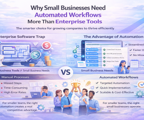 Illustration Comparing Automated Workflows And Enterprise Tools, Showing How Small Businesses Benefit From Streamlined Automation, Faster Onboarding, And Reduced Manual Processes