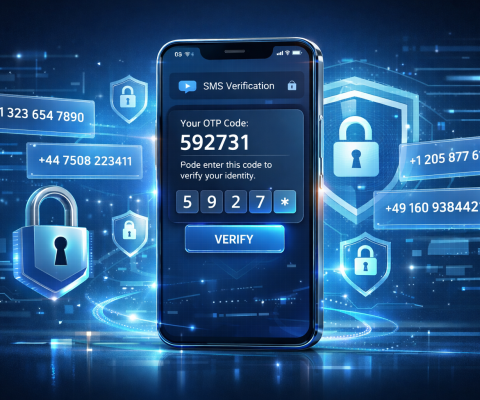 High-Tech Digital Illustration Of A Smartphone Receiving An Otp Code Via Sms, Surrounded By Floating Temporary Phone Numbers And Security Padlocks. Emphasizes Privacy, Safety, And Modern Interface Design, Perfect For Website Headers Or Article Banners In 2026.