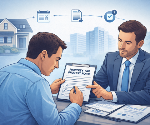 Homeowner submitting a property tax protest form while a professional advisor guides them, with charts, documents, and a house in the background.