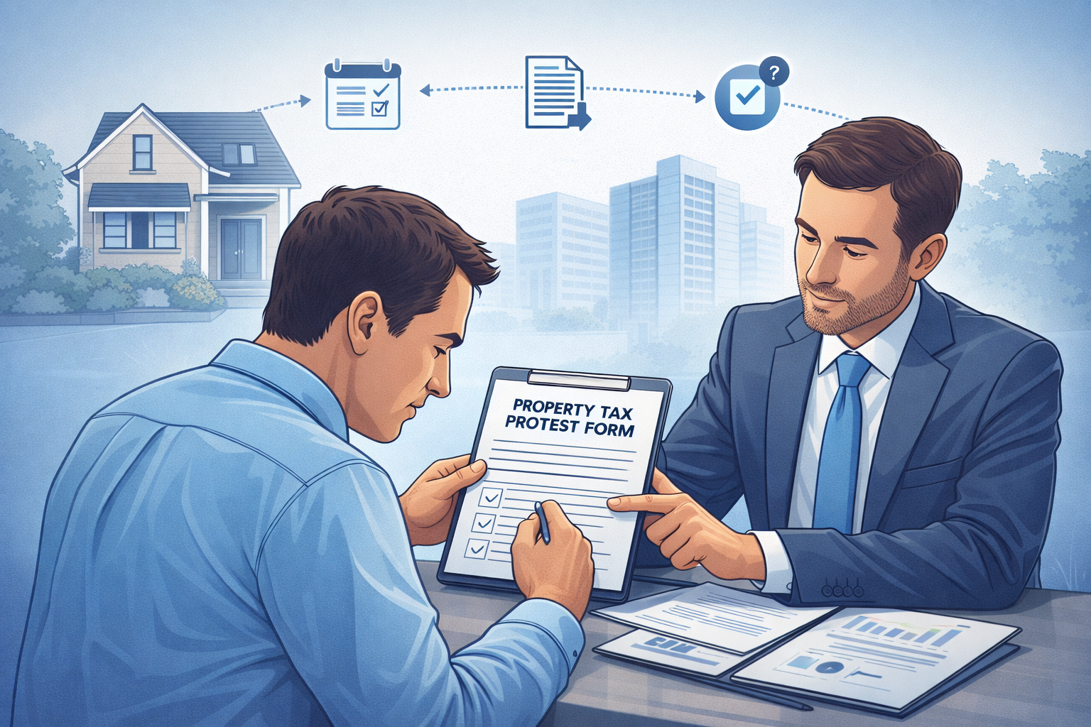 Homeowner submitting a property tax protest form while a professional advisor guides them, with charts, documents, and a house in the background.