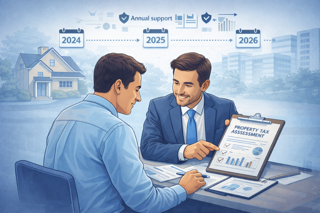 What Happens After You File a Property Tax Protest With a Professional 1 Professional advisor helping a property owner manage property taxes year after year, with documents, charts, a house, and a timeline showing annual support.