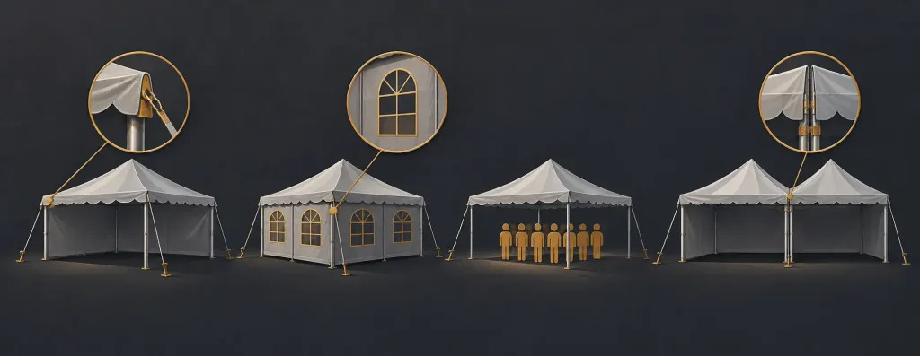 Utilizing Large Temporary Shelters For Operational And Event Needs Introduction: The Need For Flexible, Covered Outdoor Space 2 Four Tent Silhouettes, Each Highlighting A Distinguishing Feature: Reinforced Frame, Window Panels, Occupancy Rating, And Modular Construction