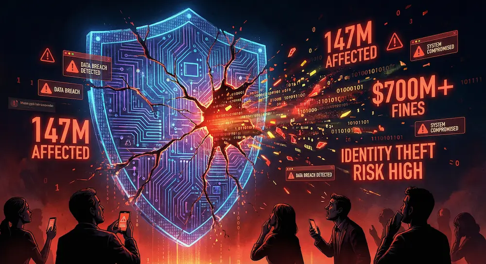 Visual representation of data breach consequences showing compromised security shield with leaked information and financial impact statistics