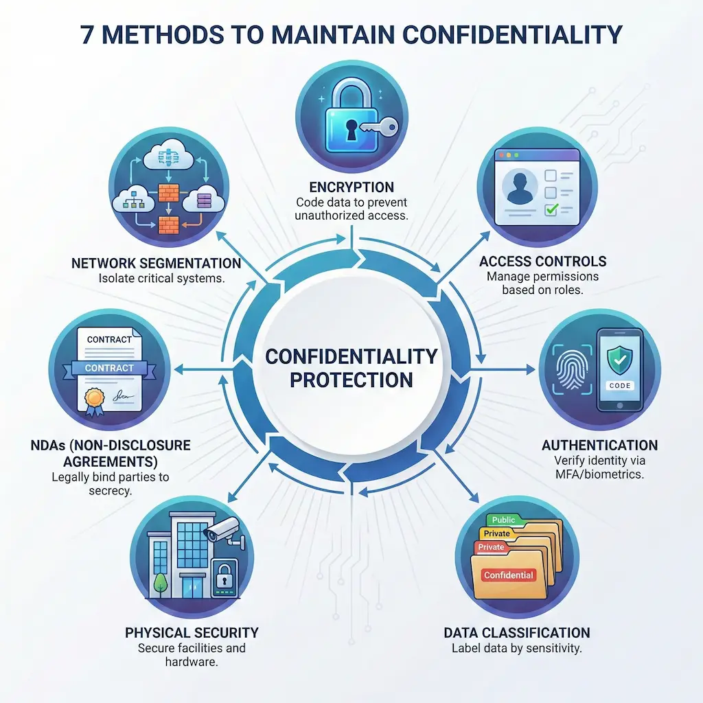 Comprehensive infographic displaying seven key methods for maintaining data confidentiality including encryption, access controls, and authentication