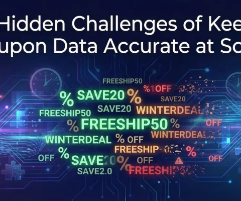 Abstract Digital Illustration Showing Fragmented Coupon Codes And Discount Symbols Breaking Apart And Reassembling, Representing The Technical Challenges Of Maintaining Coupon Data Accuracy At Scale