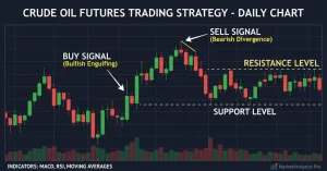 Candlestick chart illustrating crude oil futures trading strategy with annotations
