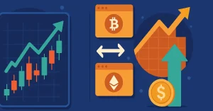 Illustration of cryptocurrency charts, exchange icons, and profit arrows depicting crypto arbitrage platforms and trading opportunities.