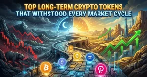 Top Long-Term Crypto Tokens That Withstood Every Market Cycle 1 Illustration of a digital path featuring Bitcoin, Ethereum, Binance Coin, Cardano, and Polkadot logos, transitioning from a stormy bear market with red downtrends to a sunny bull market with green uptrends. Text overlay reads: "TOP LONG-TERM CRYPTO TOKENS THAT WITHSTOOD EVERY MARKET CYCLE.
