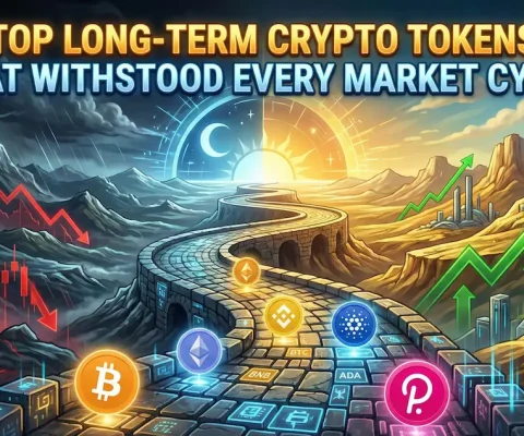 Illustration Of A Digital Path Featuring Bitcoin, Ethereum, Binance Coin, Cardano, And Polkadot Logos, Transitioning From A Stormy Bear Market With Red Downtrends To A Sunny Bull Market With Green Uptrends. Text Overlay Reads: &Quot;Top Long-Term Crypto Tokens That Withstood Every Market Cycle.