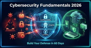 Cybersecurity fundamentals 2026 guide showing CIA Triad shield protecting against phishing, ransomware and malware attacks