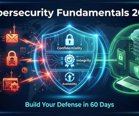 Cybersecurity Fundamentals 2026 Guide Showing Cia Triad Shield Protecting Against Phishing, Ransomware And Malware Attacks