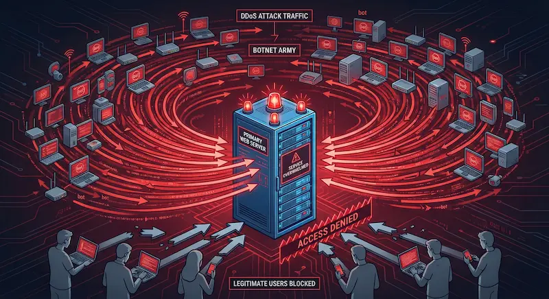 DDoS attack visualization showing overwhelmed server being flooded with malicious traffic from multiple sources blocking legitimate user access