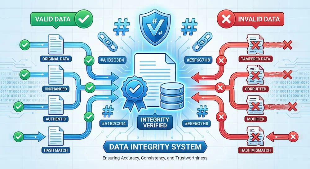 Data integrity visualization showing verified and authenticated information protected from tampering and corruption