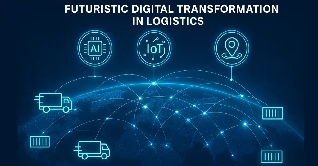 Digital Transformations in Logistics in 2026 7 Futuristic digital transformation in logistics with AI, IoT, and real-time tracking icons overlaying global supply chain network