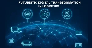 Digital Transformations in Logistics in 2026 1 Futuristic digital transformation in logistics with AI, IoT, and real-time tracking icons overlaying global supply chain network