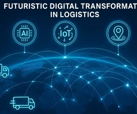 Futuristic Digital Transformation In Logistics With Ai, Iot, And Real-Time Tracking Icons Overlaying Global Supply Chain Network